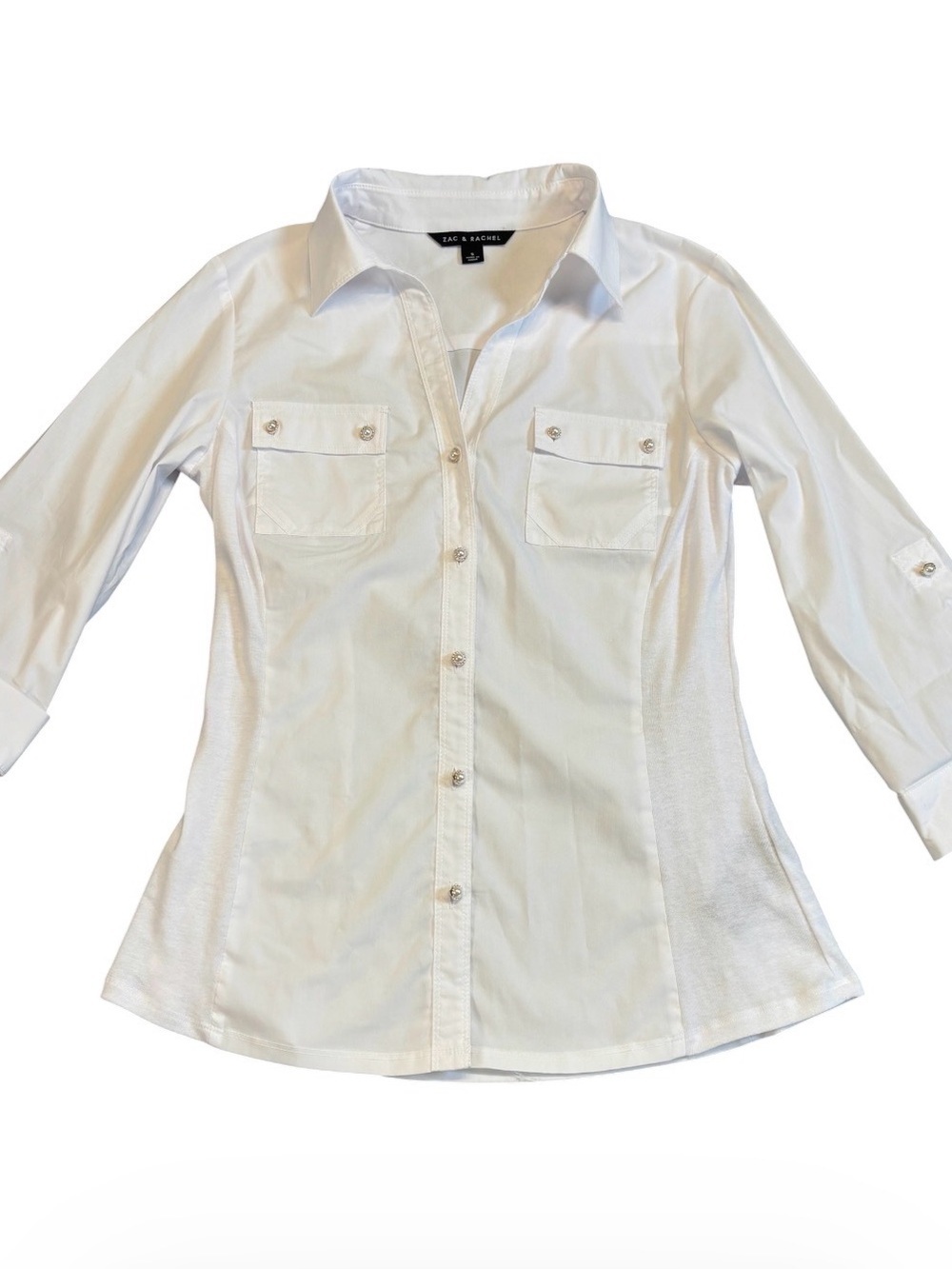 Zac & Rachel Ultimate Fit White Blouse Small Button Front Stretch Woven Knit